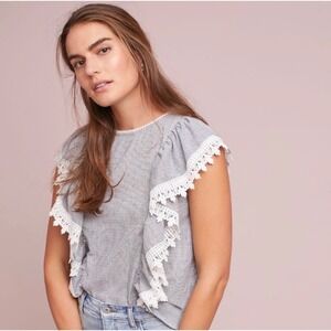 M15 Eri + Ali Anthropologie Blue White Pinstripe Lace Ruffle Sleeveless Top S